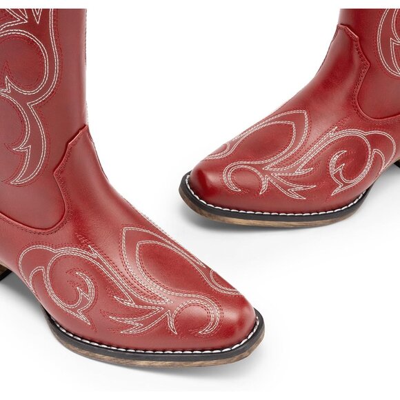 Women's Red Embroidered Cowboy Boots Comfortable Cowgirl Knee High Boots - Picture 3 of 8